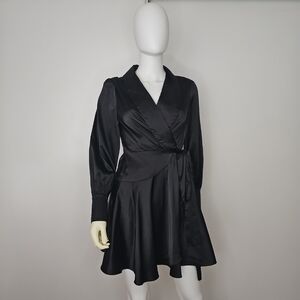 Beautiful Women's Long Sleeve Collared Satin Wrap Dress With Gold Buttons